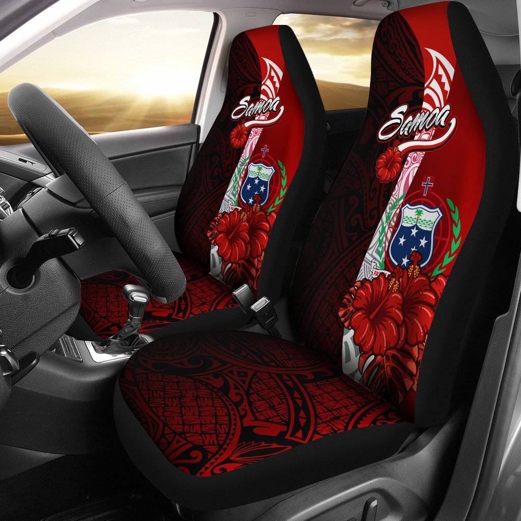 Samoa Polynesian Car Seat Covers - Coat Of Arm With Hibiscus Universal Fit Red - Polynesian Pride