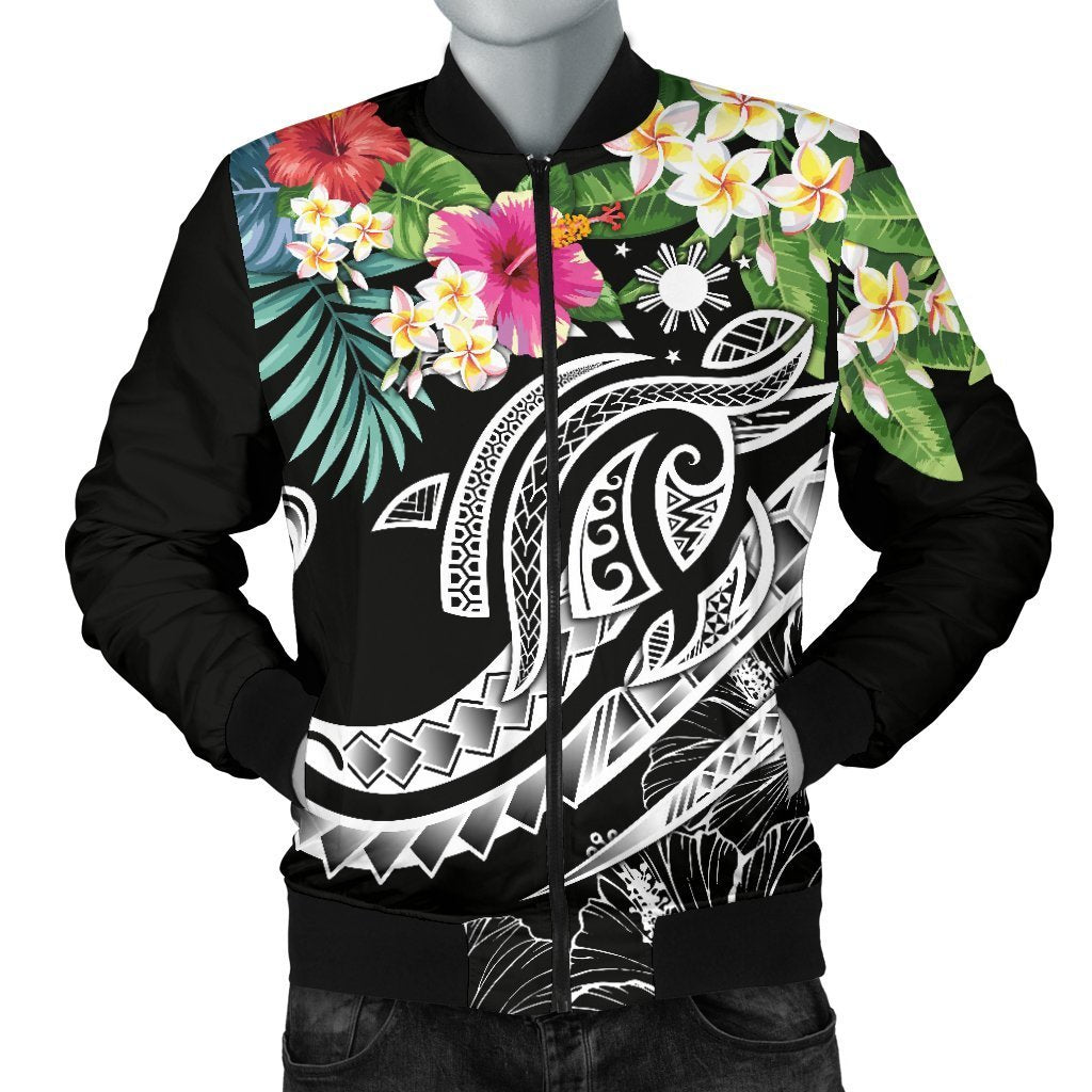 The Philippines Men's Bomber Jacket - Summer Plumeria (Black) Black - Polynesian Pride