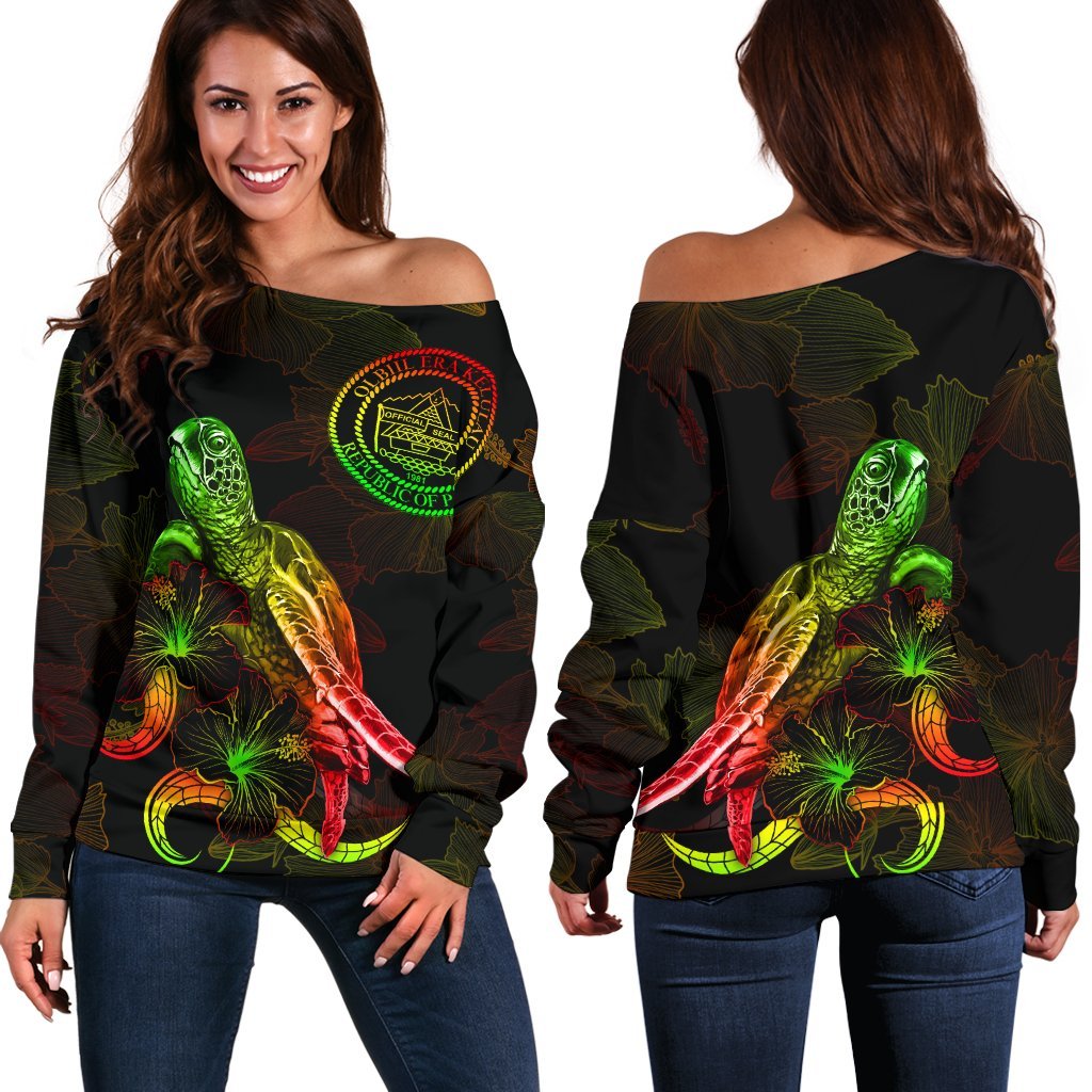 Palau Polynesian Women's Off Shoulder Sweater - Turtle With Blooming Hibiscus Reggae Art - Polynesian Pride