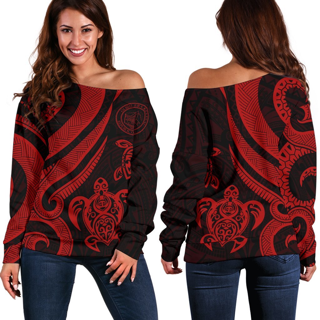 Palau Women's Off Shoulder Sweater - Red Tentacle Turtle Red - Polynesian Pride