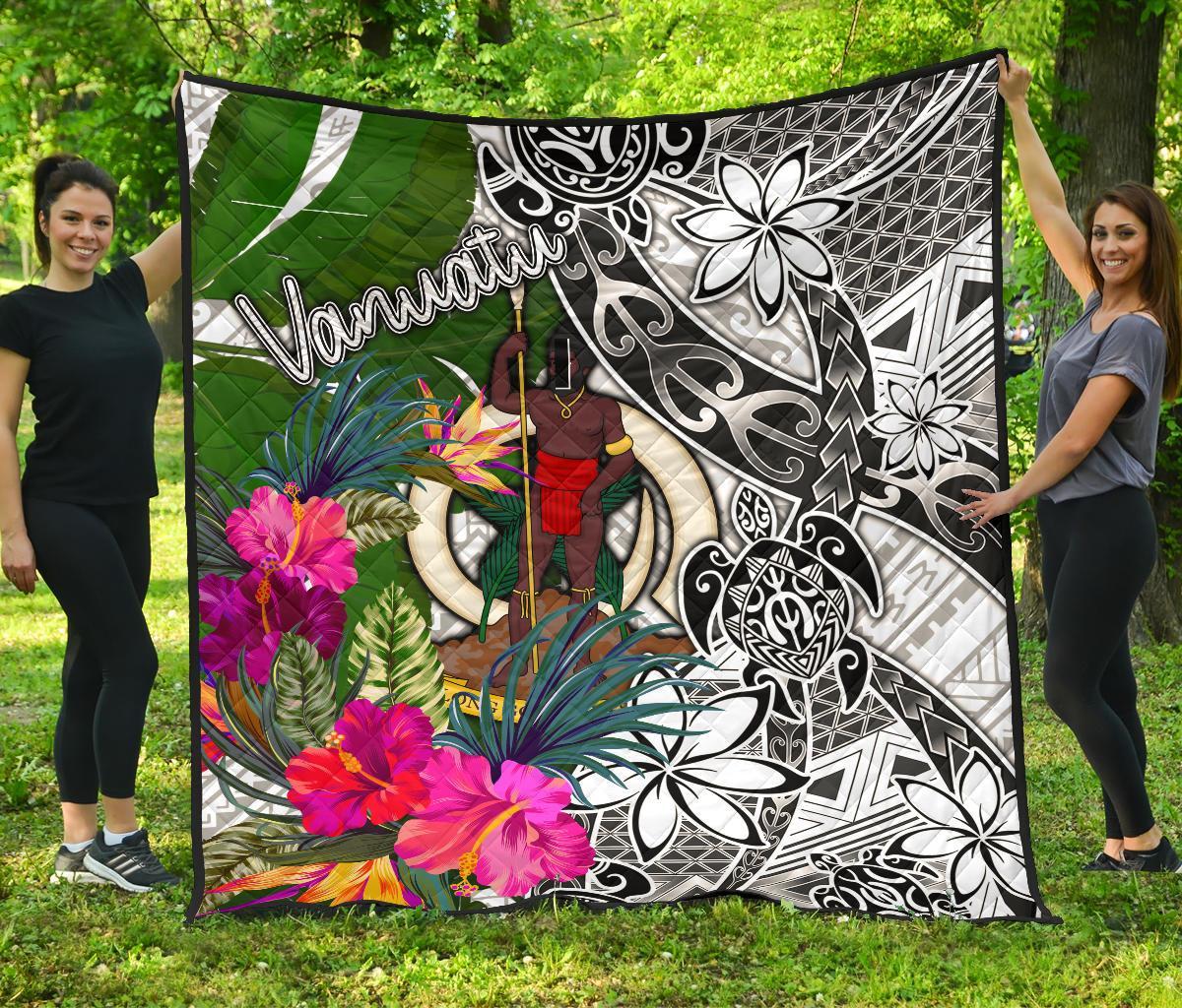 Vanuatu Premium Quilt White - Turtle Plumeria Banana Leaf - Polynesian Pride