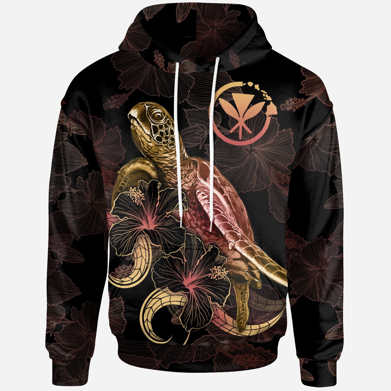 Hawaii Polynesian Hoodie Turtle With Blooming Hibiscus Gold Unisex Gold - Polynesian Pride