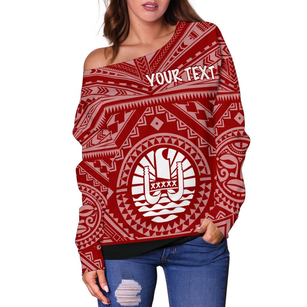 Tahiti Personalised Women's Off Shoulder Sweater - Tahiti Seal In Polynesian Tattoo Style (Red) - Polynesian Pride