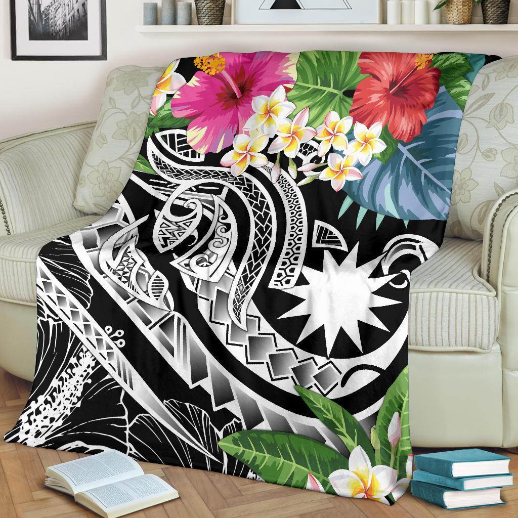 Nauru Polynesian Premium Blanket - Summer Plumeria (Black) - Polynesian Pride