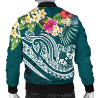 Tonga Polynesian Men's Bomber Jacket - Summer Plumeria (Turquoise) - Polynesian Pride