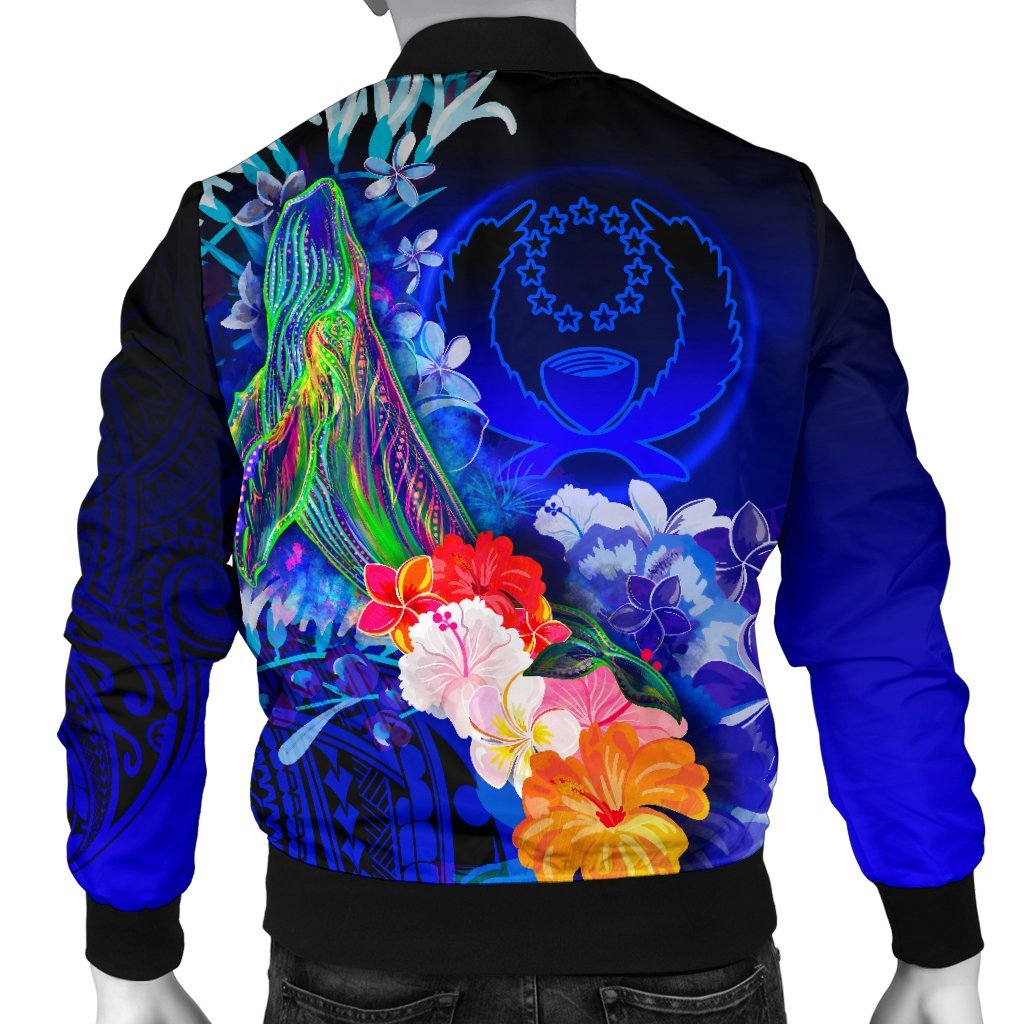 Pohnpei Custom Personalised Men's Bomber Jacket - Humpback Whale with Tropical Flowers (Blue) - Polynesian Pride