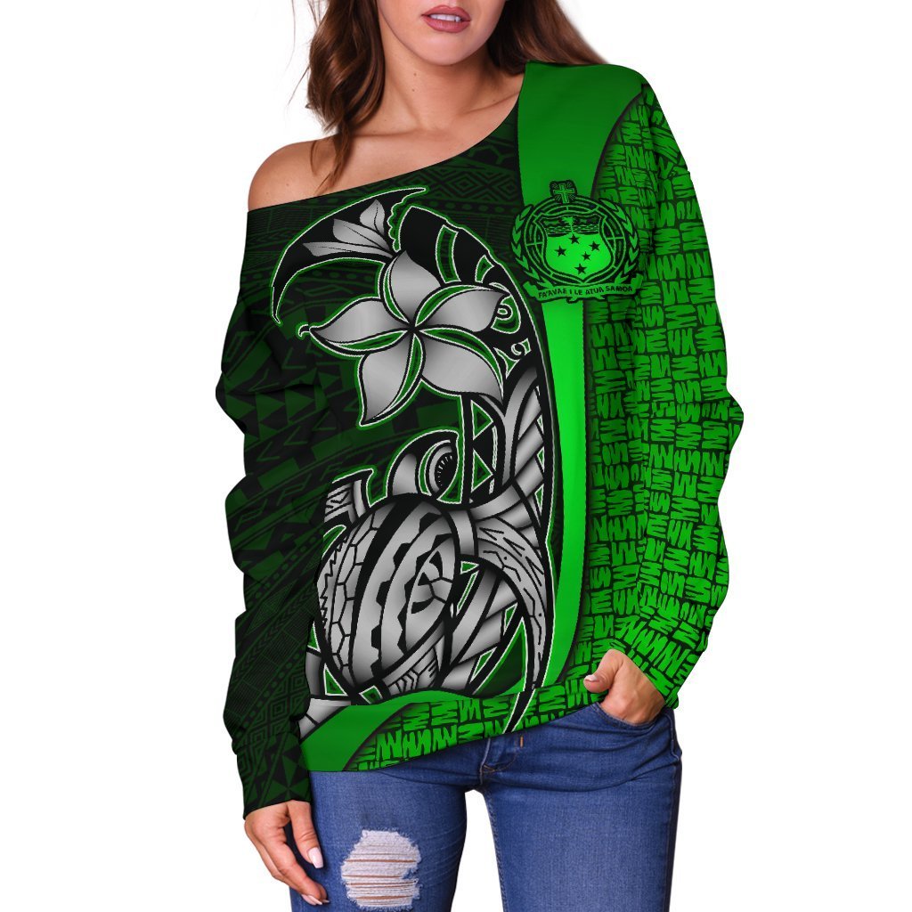 Samoa Polynesian Women Off Shoulder Sweater Green - Turtle With Hook - Polynesian Pride