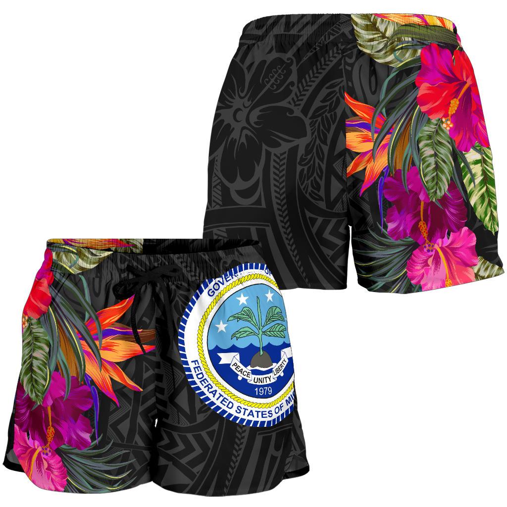 Federated States of Micronesia All Over Print Women's Shorts - Polynesian Hibiscus Pattern Women Black - Polynesian Pride