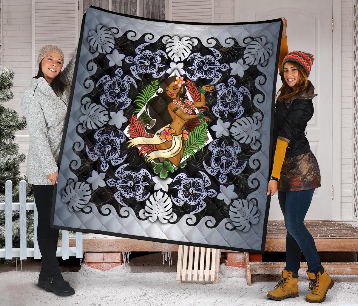 Hawaii Polynesian Premium Quilt - Hawaiian Dancing Girl Silver - Polynesian Pride