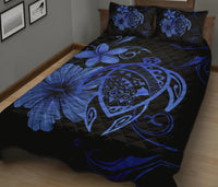 Hawaii Turtle Kanaka Map Hibiscus Poly Quilt Bed Set - Blue - Polynesian Pride