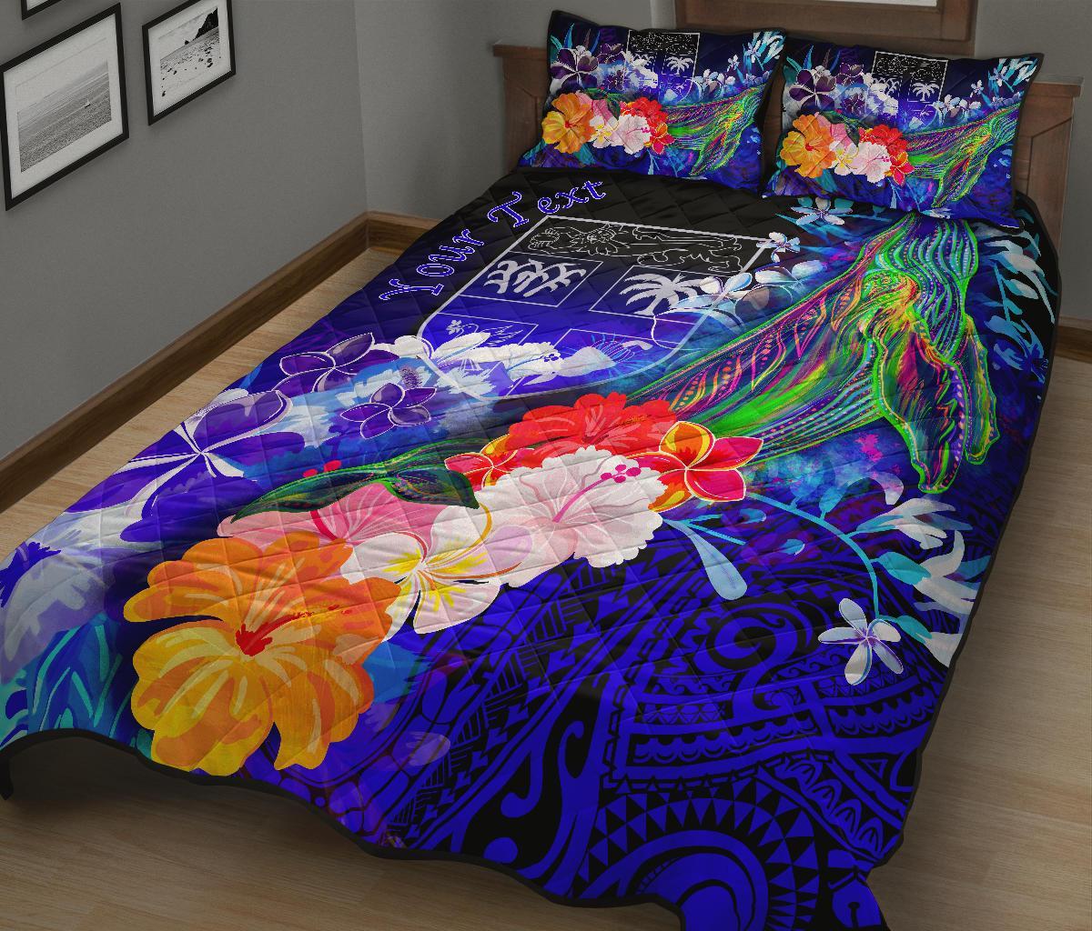 Fiji Custom Personalised Quilt Bed Set - Humpback Whale with Tropical Flowers (Blue) - Polynesian Pride