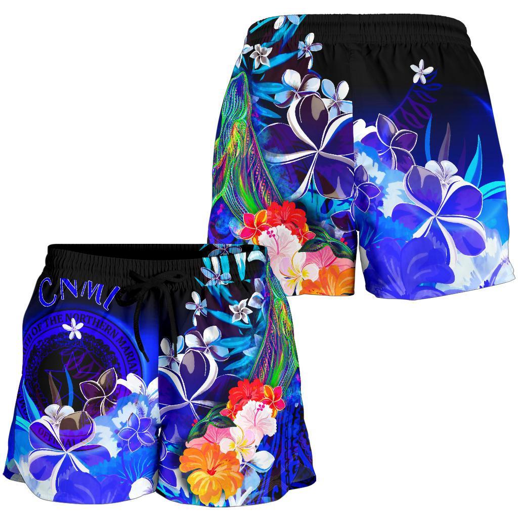 CNMI Women's Shorts - Humpback Whale with Tropical Flowers (Blue) - Polynesian Pride