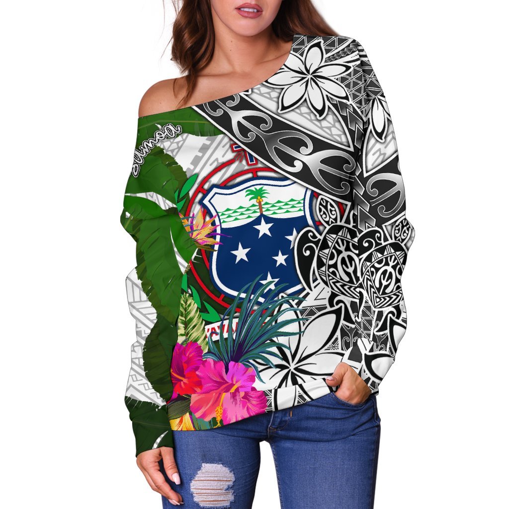 Samoa Women's Off Shoulder Sweater White - Turtle Plumeria Banana Leaf - Polynesian Pride