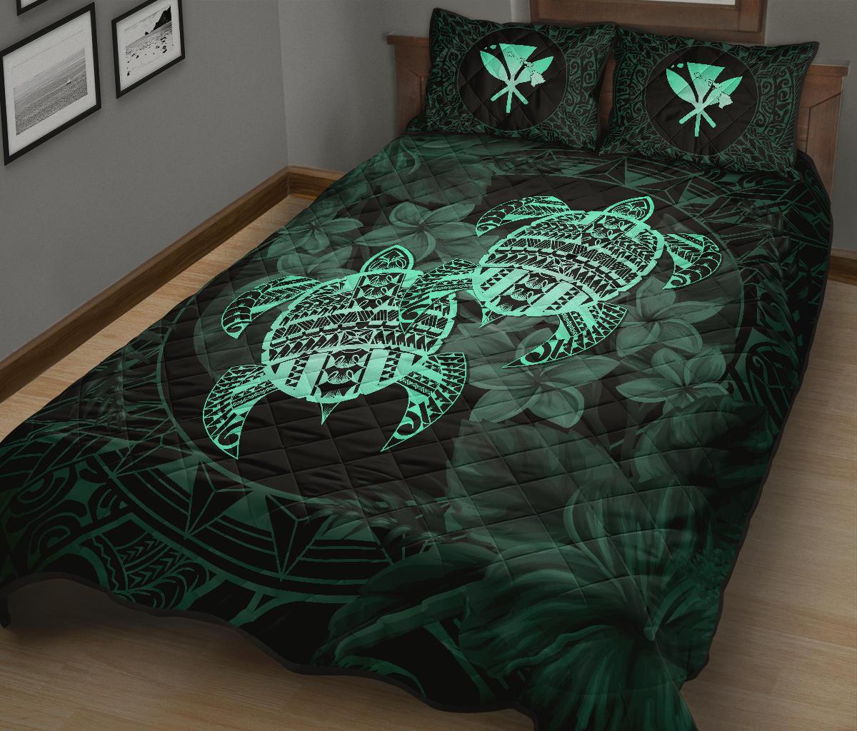 Hawaii Quilt Bed Set - Turtle Strong Pattern Hibiscus Plumeria Turquoise AH - Polynesian Pride