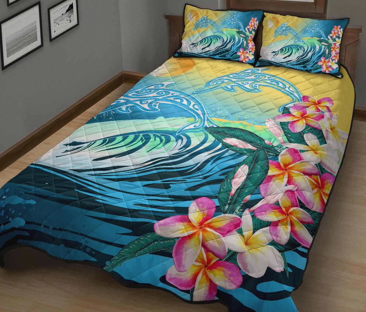 Hawaii Dolphin Plumeria Surfing Polynesian Quilt Bed Set - Muriel Style - AH - Polynesian Pride