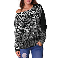 Polynesian Hawaii (Kanaka Maoli) Off Shoulder Sweater - White Turtle Hibiscus Flowing - Polynesian Pride