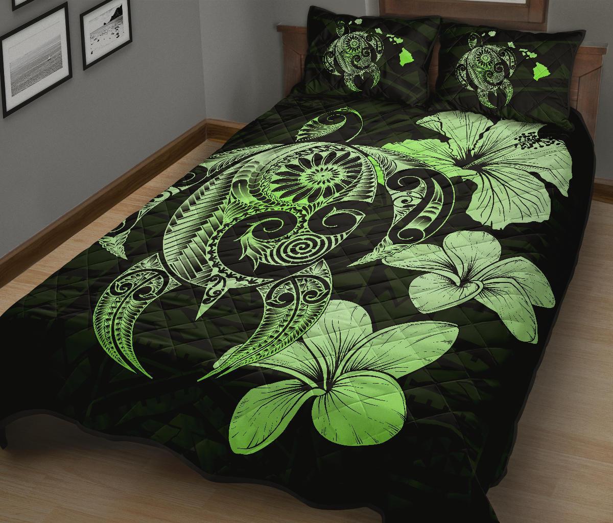 Hibiscus Plumeria Mix Polynesian Green Turtle Quilt Bed Set - Polynesian Pride