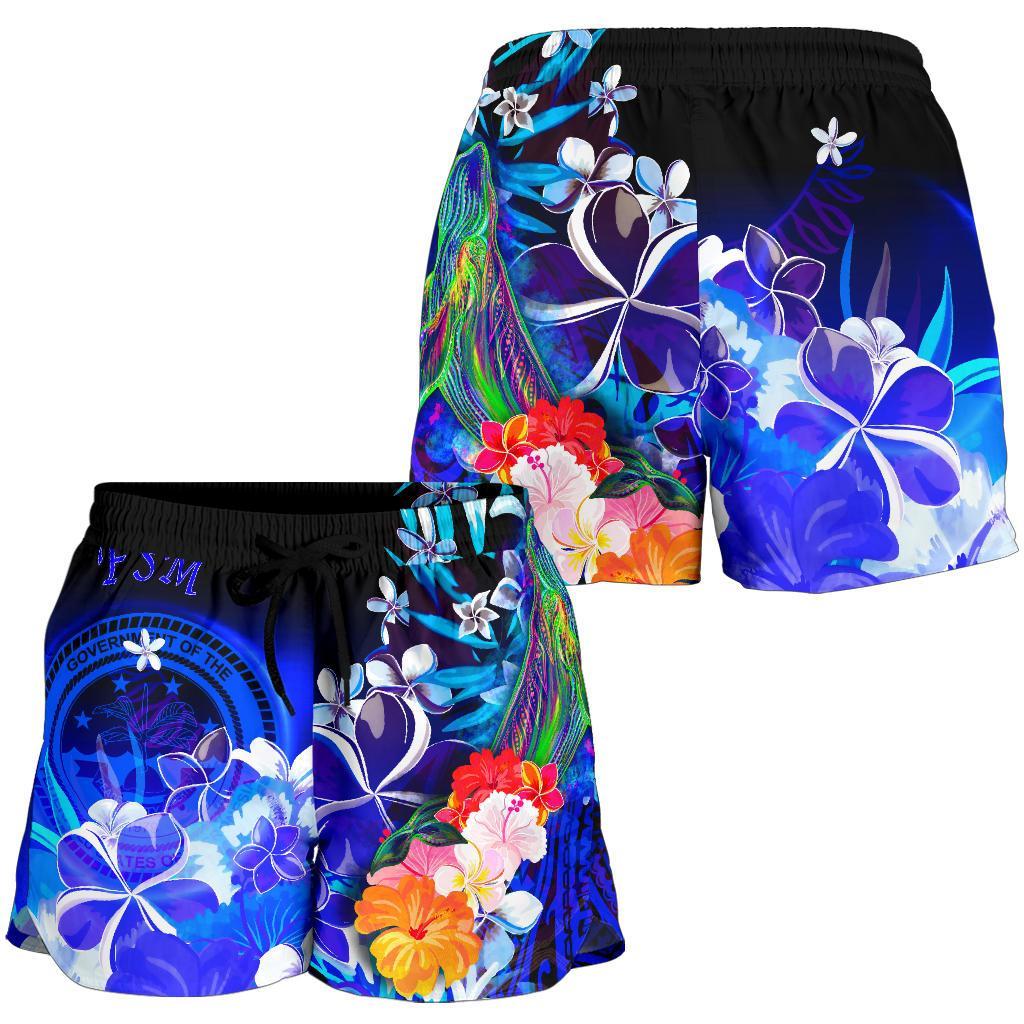 Federated States of Micronesia Women's Shorts - Humpback Whale with Tropical Flowers (Blue) - Polynesian Pride