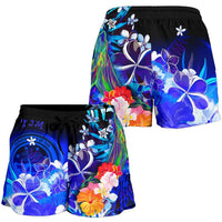 Federated States of Micronesia Women's Shorts - Humpback Whale with Tropical Flowers (Blue) - Polynesian Pride
