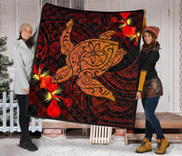 Hawaii Hibiscus Polynesian Red Big Turtle Premium Quilt - Polynesian Pride