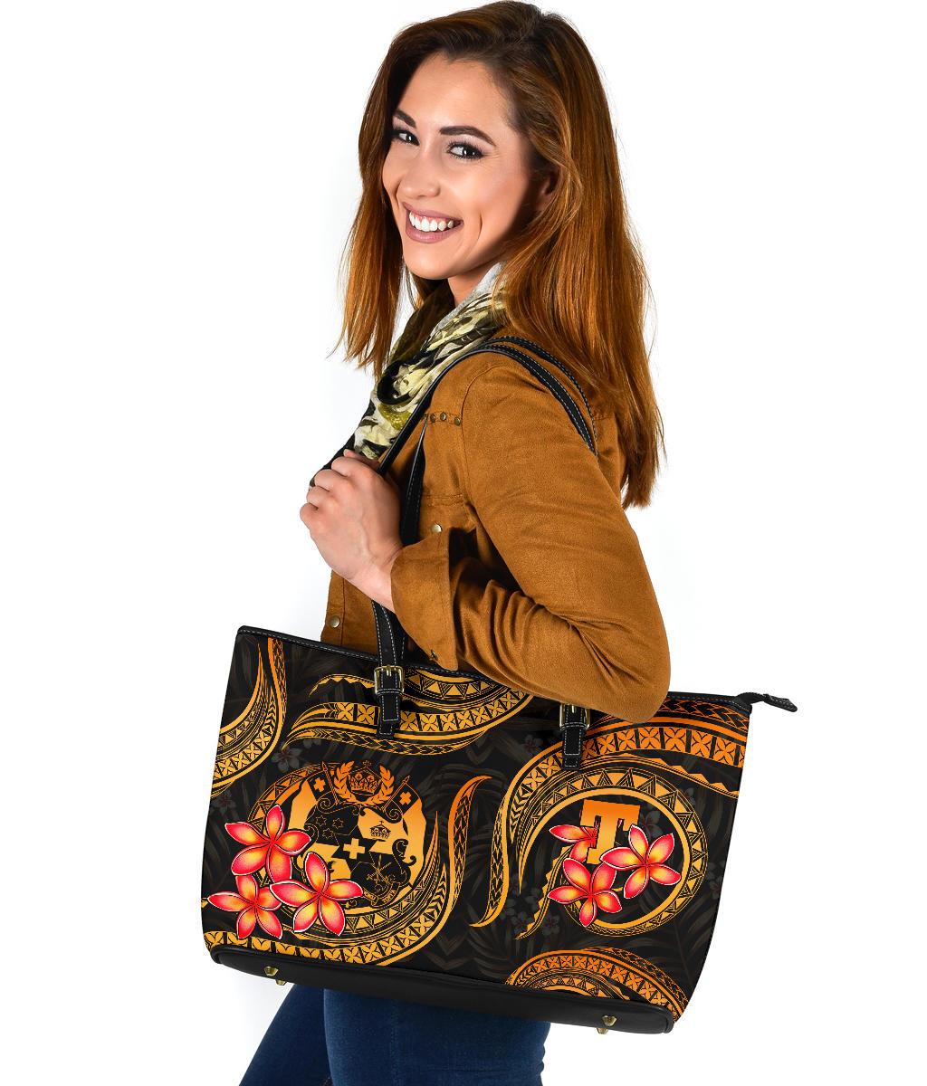 Tonga Polynesian Large Leather Tote Bag - Gold Plumeria - Polynesian Pride