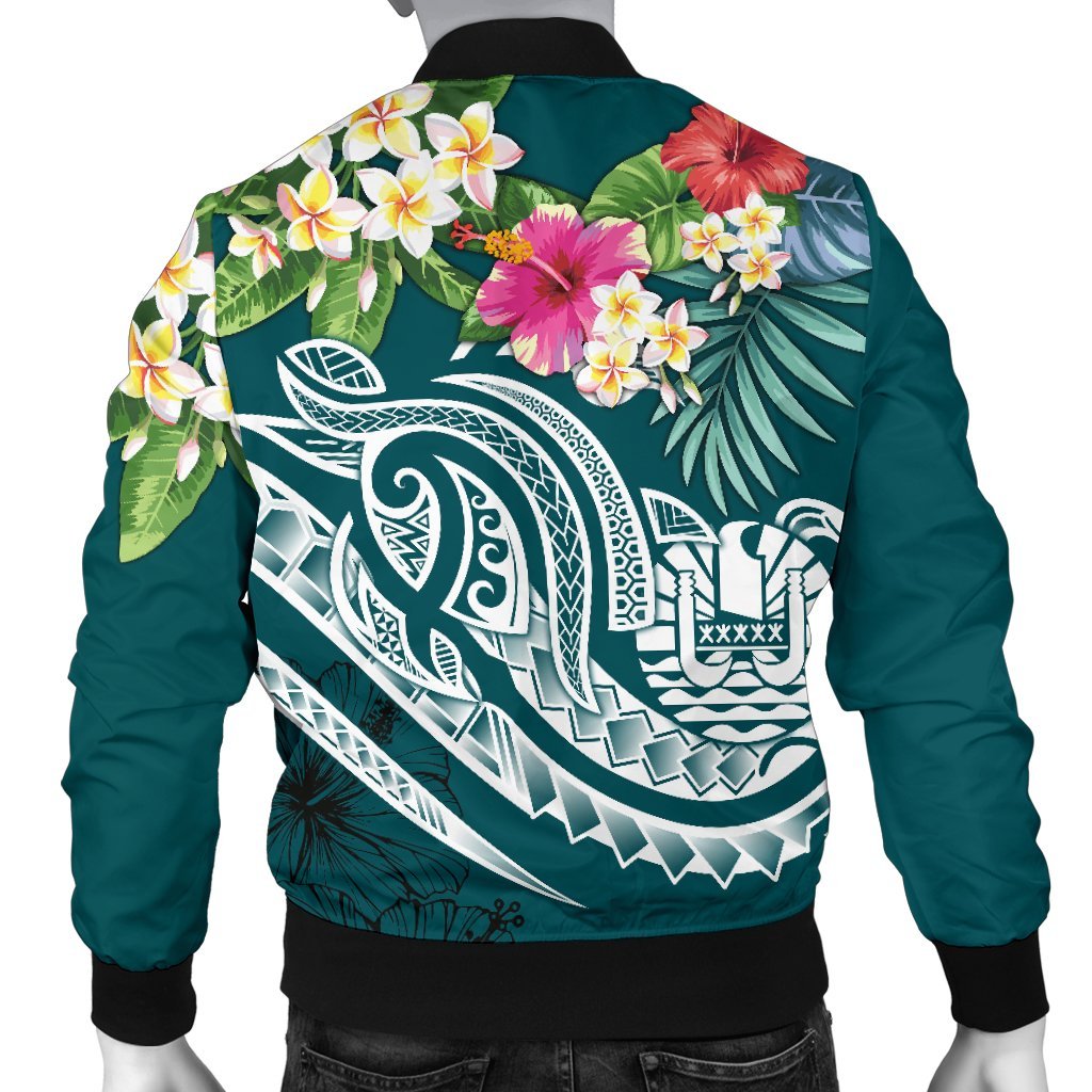 Nauru Polynesian Men's Bomber Jacket - Summer Plumeria (Turquoise) - Polynesian Pride
