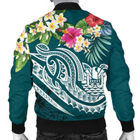 Nauru Polynesian Men's Bomber Jacket - Summer Plumeria (Turquoise) - Polynesian Pride