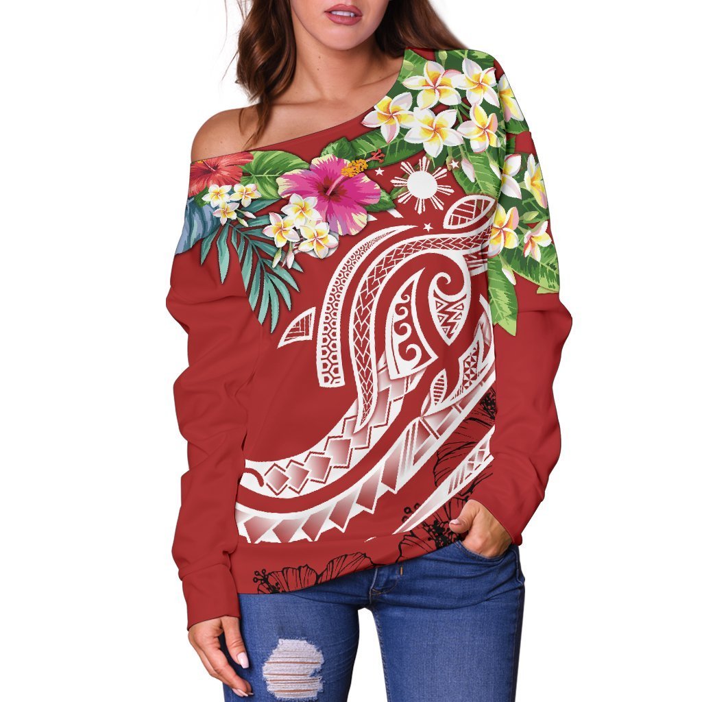 The Philippines Women's Off Shoulder Sweater - Summer Plumeria (Red) - Polynesian Pride
