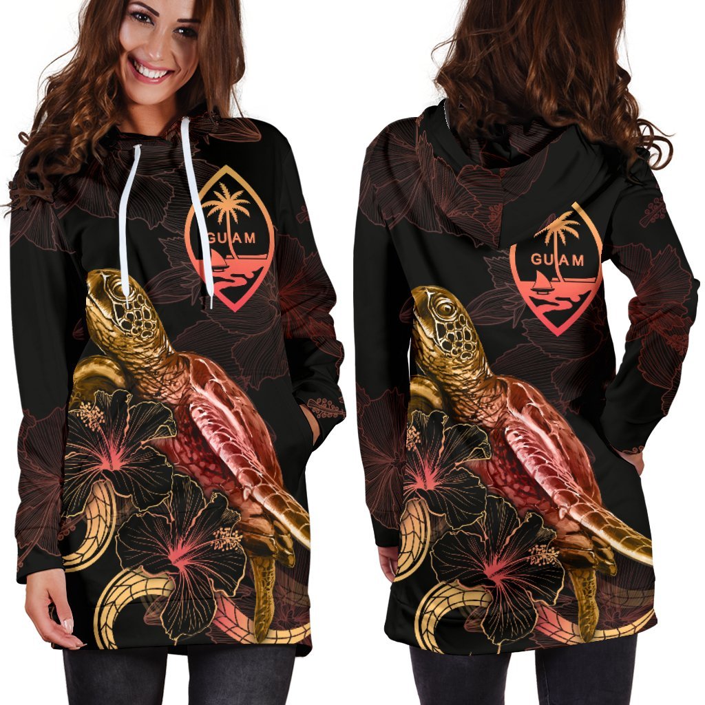 Guam Polynesian Hoodie Dress - Turtle With Blooming Hibiscus Gold - Polynesian Pride