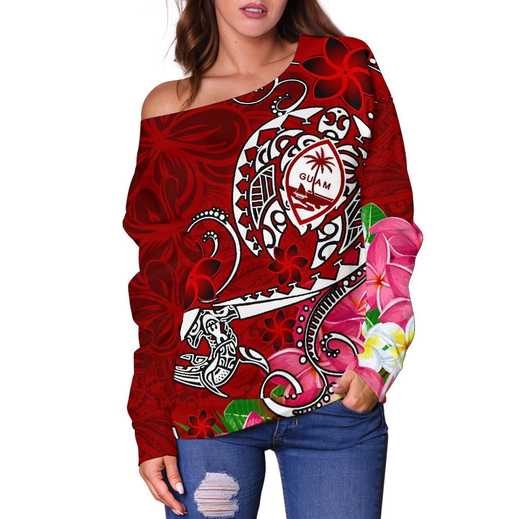 Guam Women's Off Shoulder Sweater - Turtle Plumeria (Red) Red - Polynesian Pride