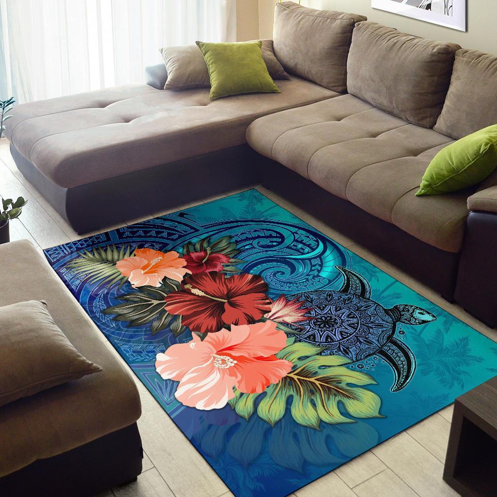 Turtle Polynesian Area Rug Hibiscus Polynesian Blue - Polynesian Pride