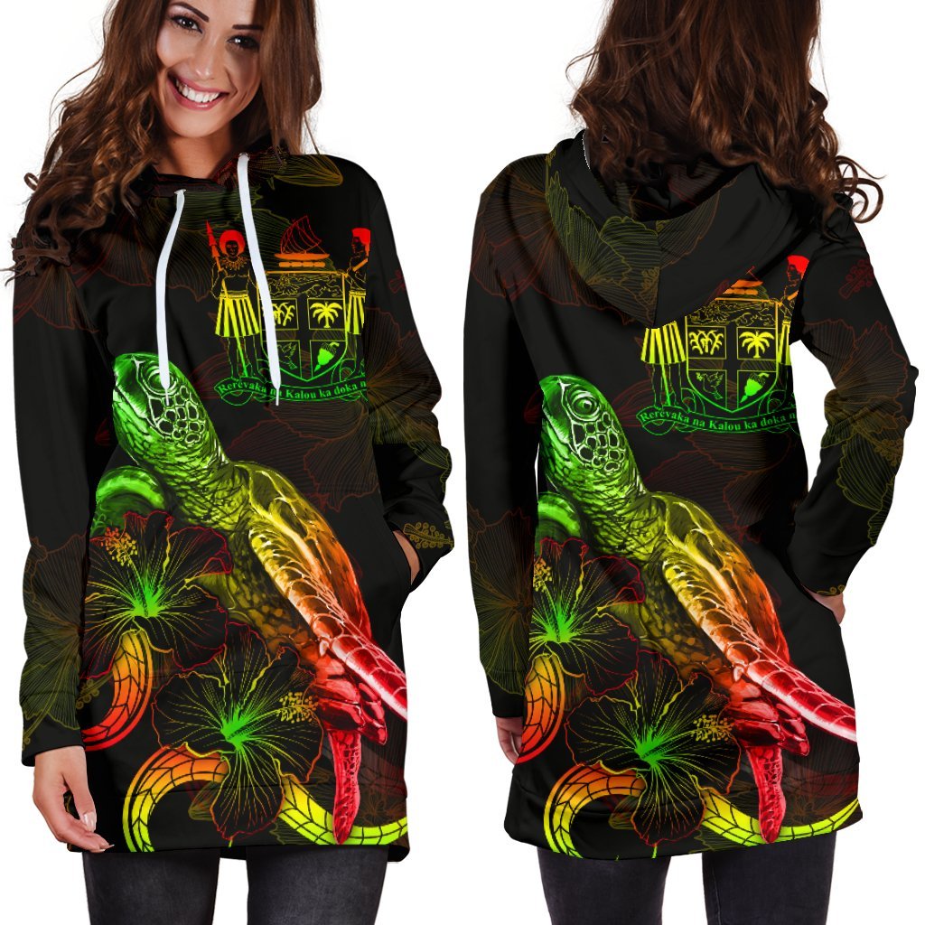 Fiji Polynesian Hoodie Dress - Turtle With Blooming Hibiscus Reggae - Polynesian Pride