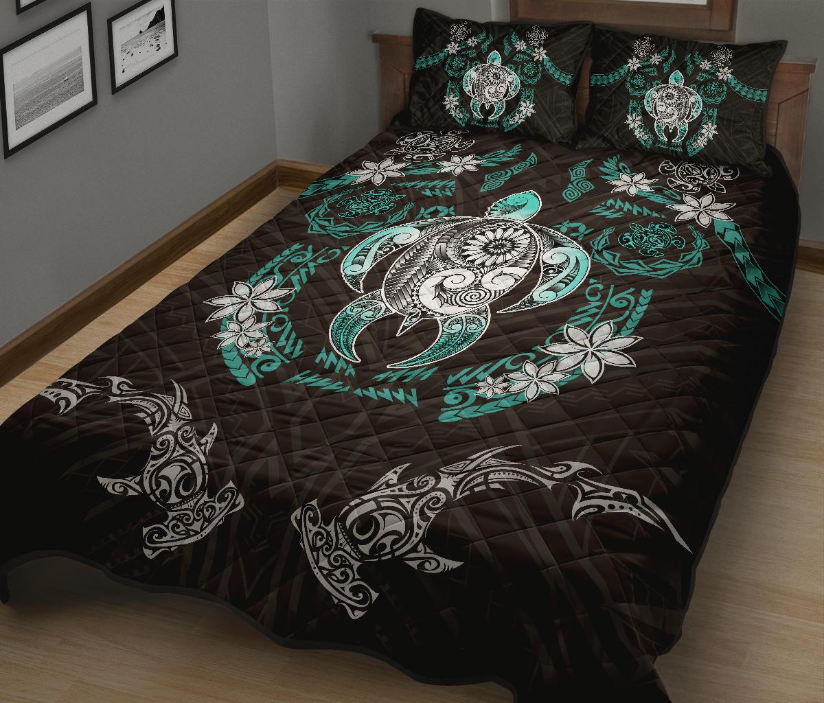 Hawaii Turtle Shark Quilt Bed Set - Turquoise - LH Style - Polynesian Pride