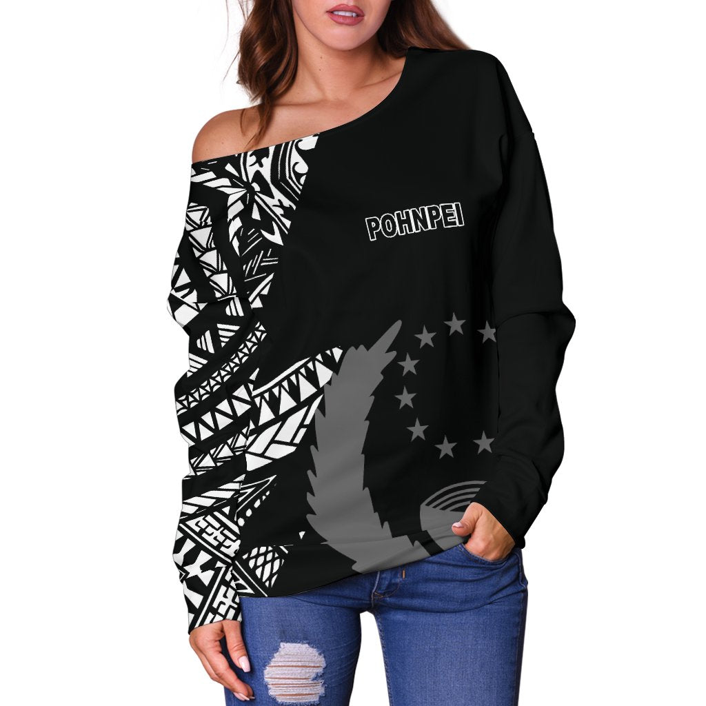 Pohnpei Women's Off Shoulder Sweater - Micronesian Pattern Flash Black - Polynesian Pride