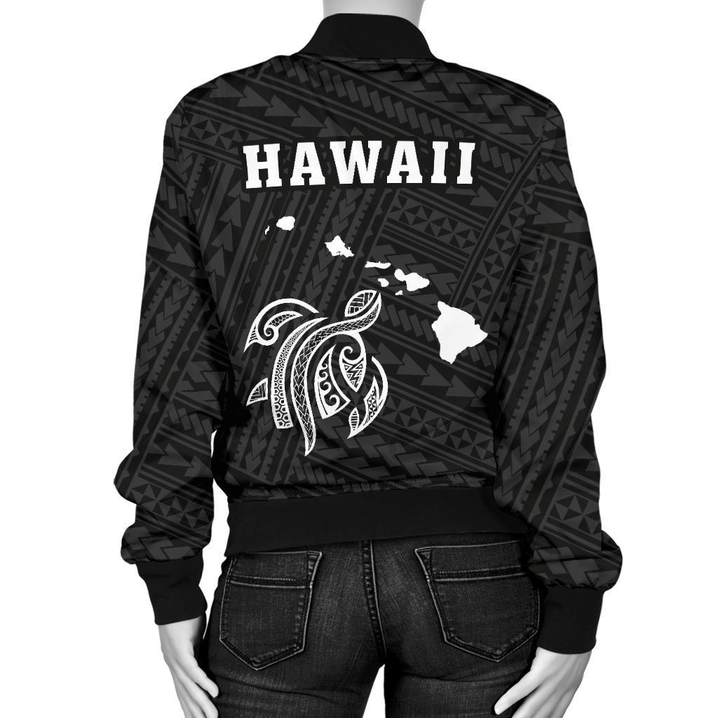 Hawaii Kakau Polynesian Turtle Map Women's Bomber Jacket - White - Polynesian Pride