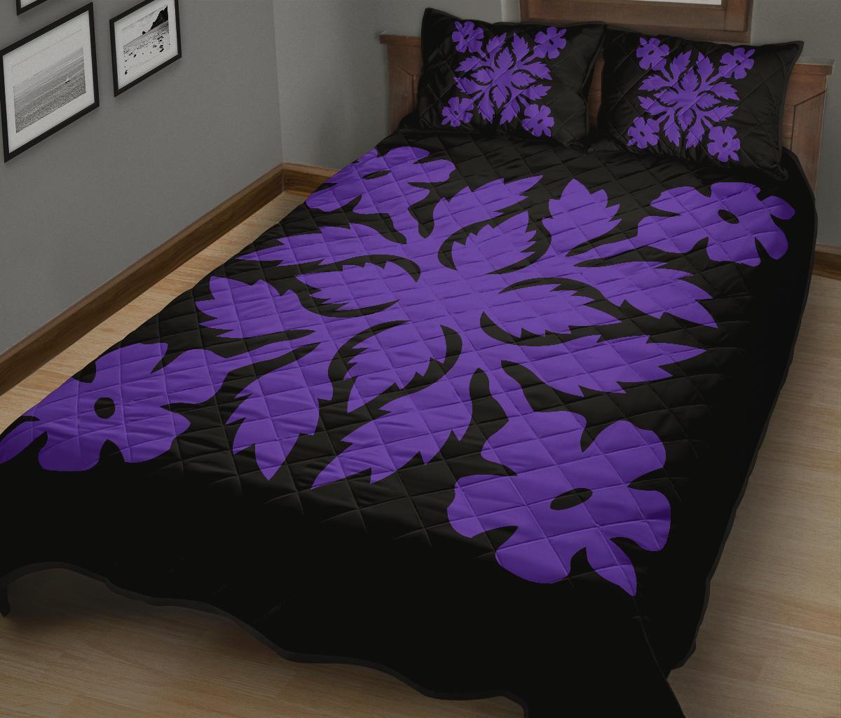 Hawaiian Quilt Bed Set Royal Pattern - Black And Purple - B2 Style - Polynesian Pride