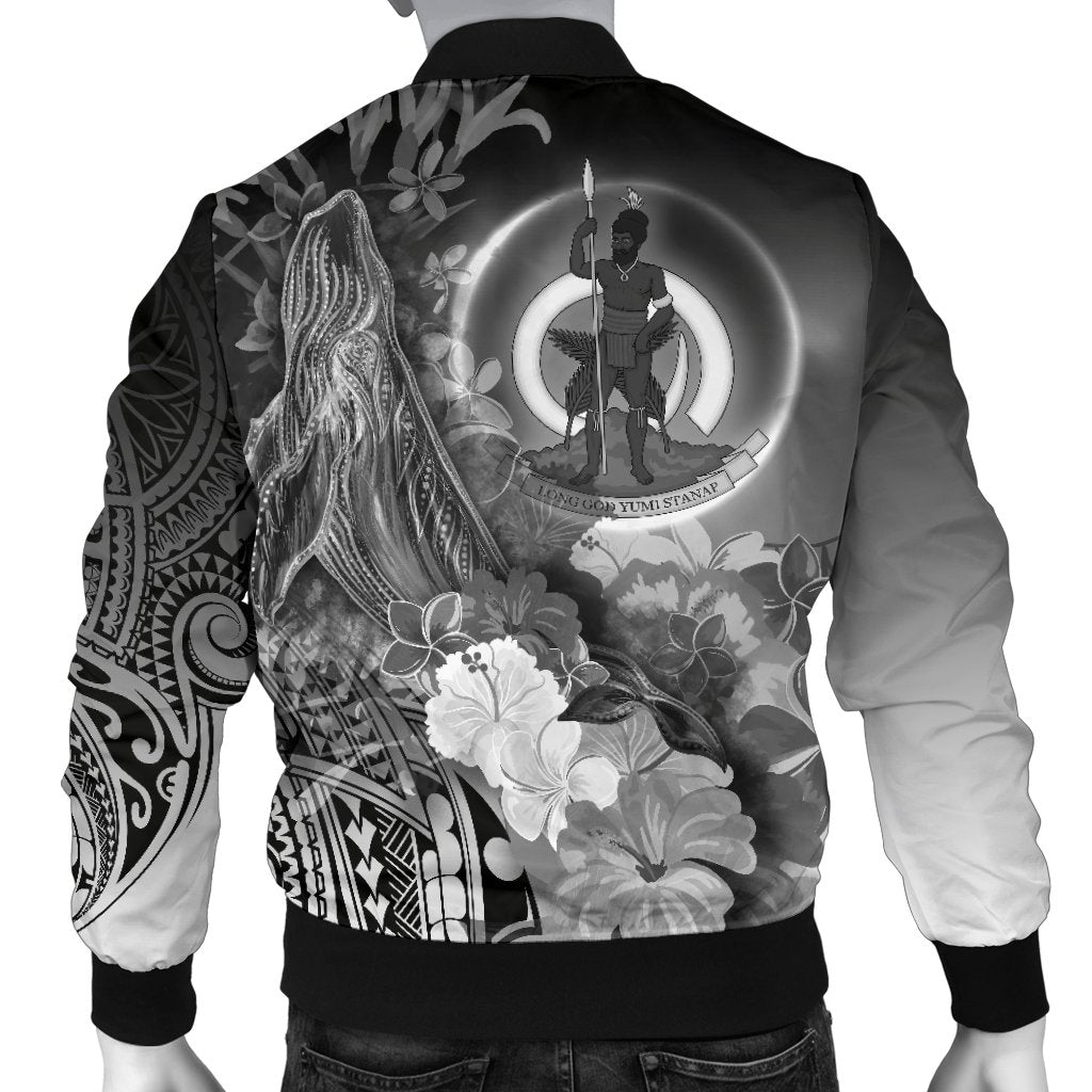 Vanuatu Men's Bomber Jacket - Humpback Whale with Tropical Flowers (White) - Polynesian Pride