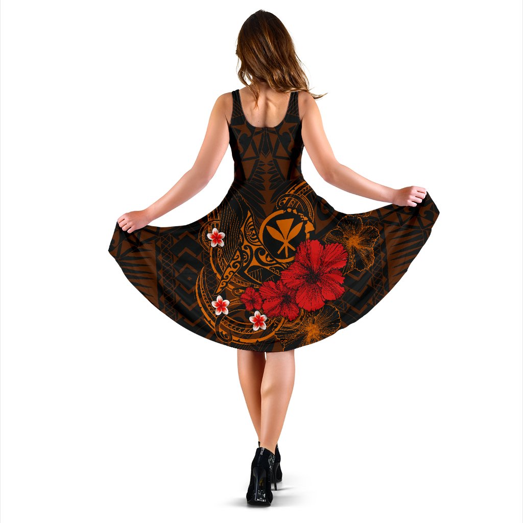 Polynesian Hawaii Kanaka Maoli Midi Dress - Humpback Whale with Hibiscus (Golden) - Polynesian Pride