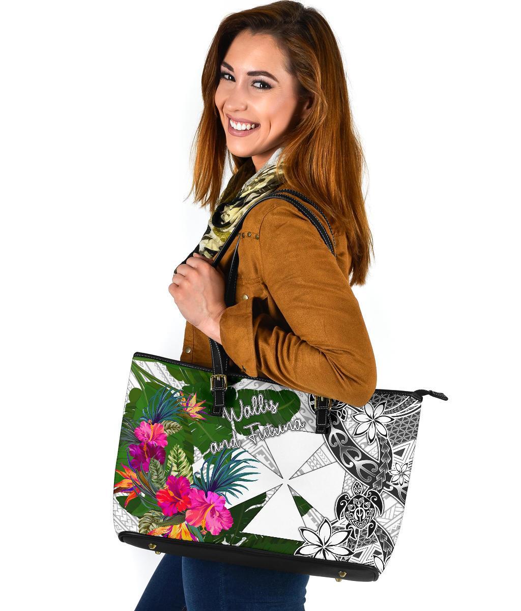 Wallis And Futuna Large Leather Tote Bag White - Turtle Plumeria Banana Leaf - Polynesian Pride
