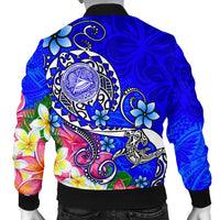 American Samoa Polynesian Men's Bomber Jacket - Turtle Plumeria (Blue) - Polynesian Pride