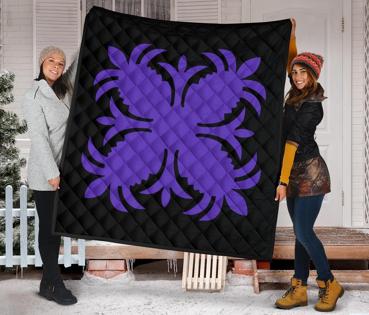 Hawaiian Premium Quilt Royal Pattern - Black And Purple - A2 Style - Polynesian Pride
