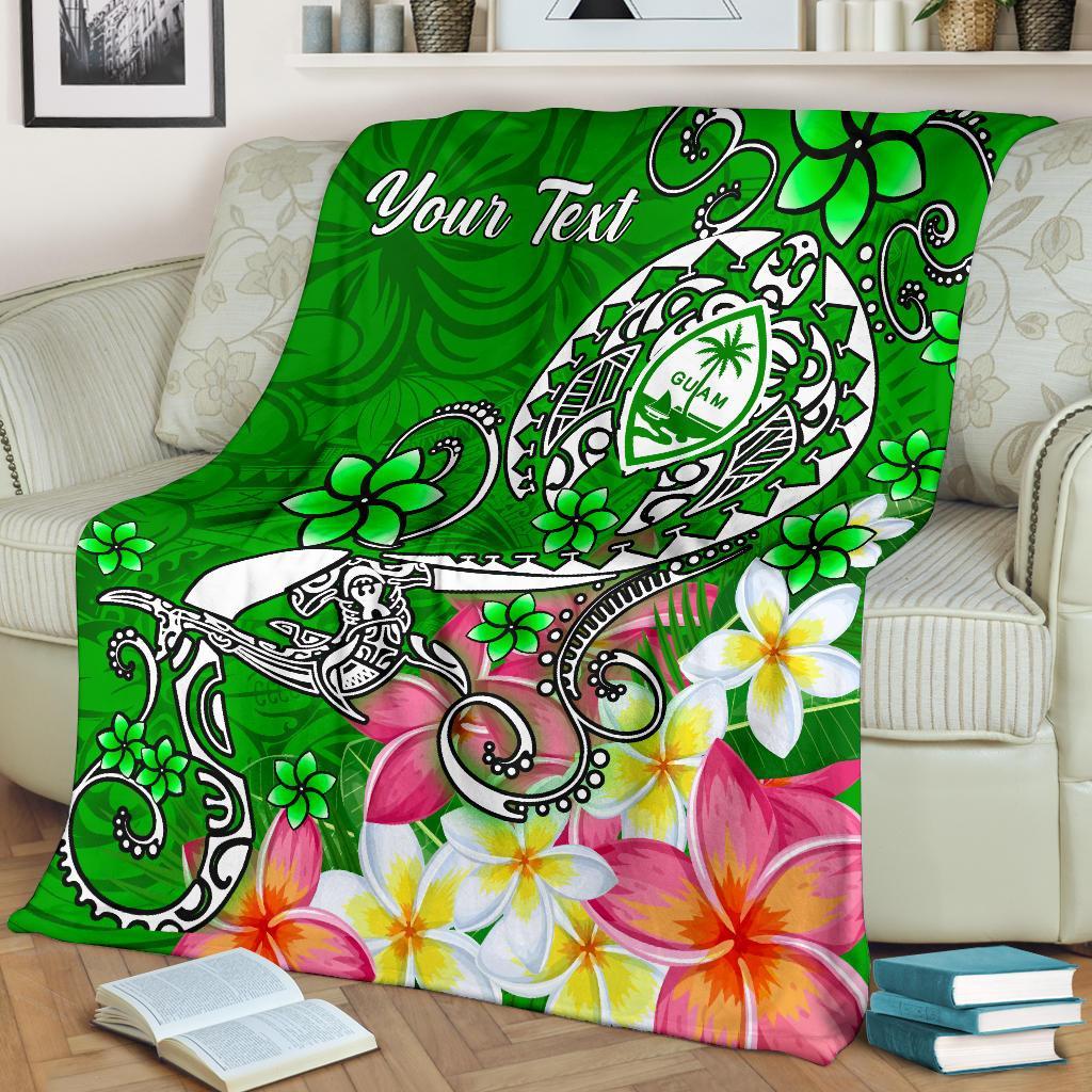 Guam Custom Personalised Premuim Blanket - Turtle Plumeria (Green) White - Polynesian Pride