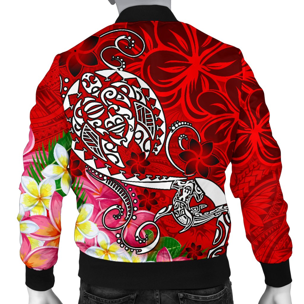 Polynesian Men's Bomber Jacket - Turtle Plumeria Red Color - Polynesian Pride