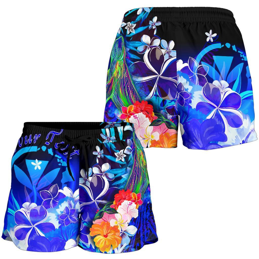 Polynesian Hawaii Custom Personalised Premium Women's Short - Kanaka Maoli Humpback Whale with Tropical Flowers (Blue) - Polynesian Pride