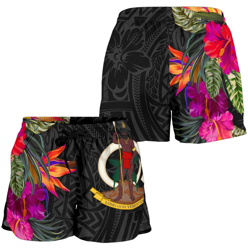 Vanuatu All Over Print Women's Shorts - Hibiscus Polynesian Pattern Women Black - Polynesian Pride