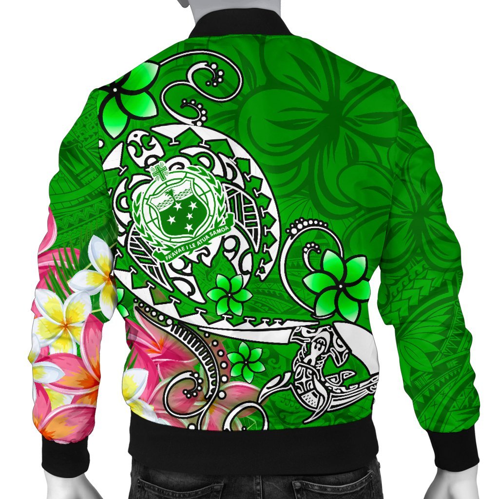 Samoa Custom Personalised Men's Bomber Jacket - Turtle Plumeria (Green) - Polynesian Pride
