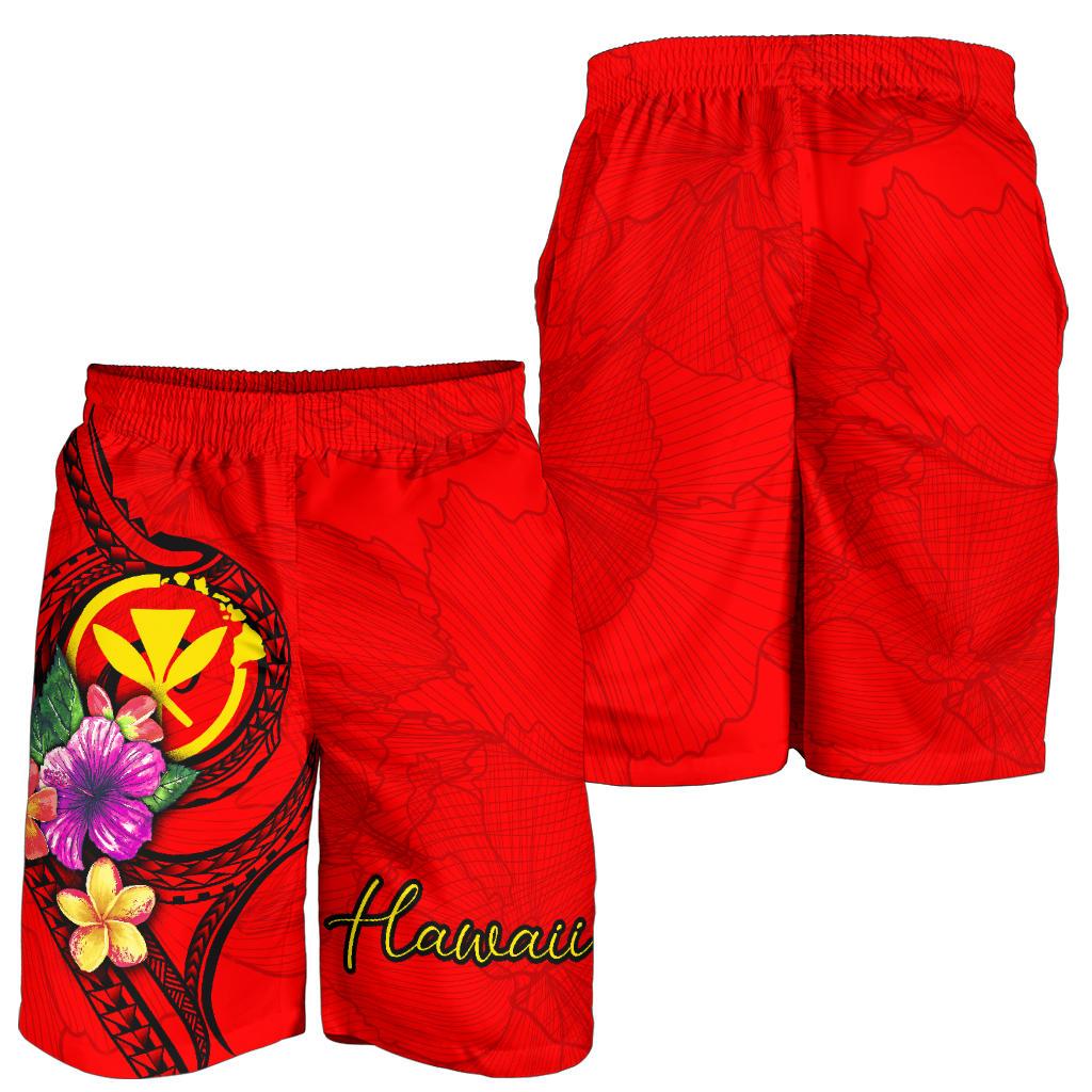 Hawaii Polynesian Men's Shorts - Floral With Seal Red - Polynesian Pride