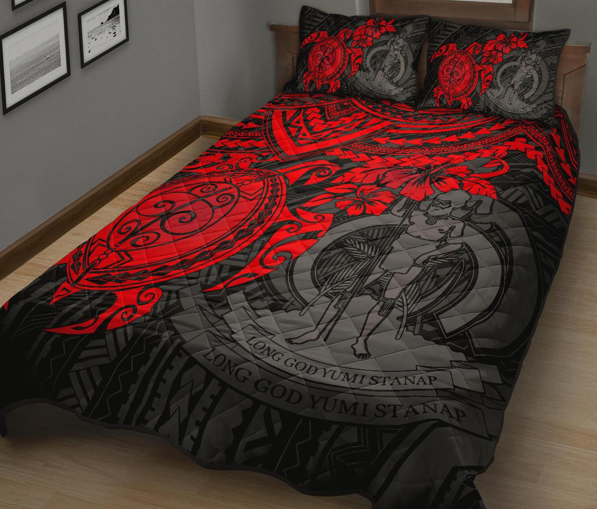 Vanuatu Polynesian Quilt Bed Set - Vanuatu Coat Of Arms & Red Turtle Hibiscus - Polynesian Pride