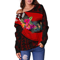 Kosrae Women's Off Shoulder Sweater - Polynesian Hook And Hibiscus (Red) - Polynesian Pride