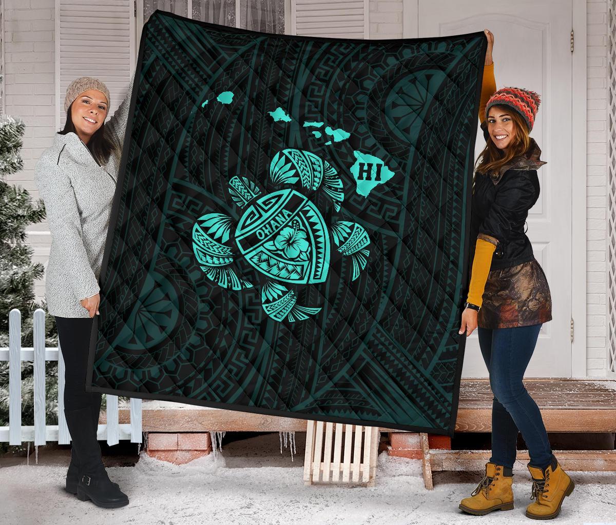 Hawaii Turtle Hibicus Map Premium Quilt - Turquoise - Polynesian Pride